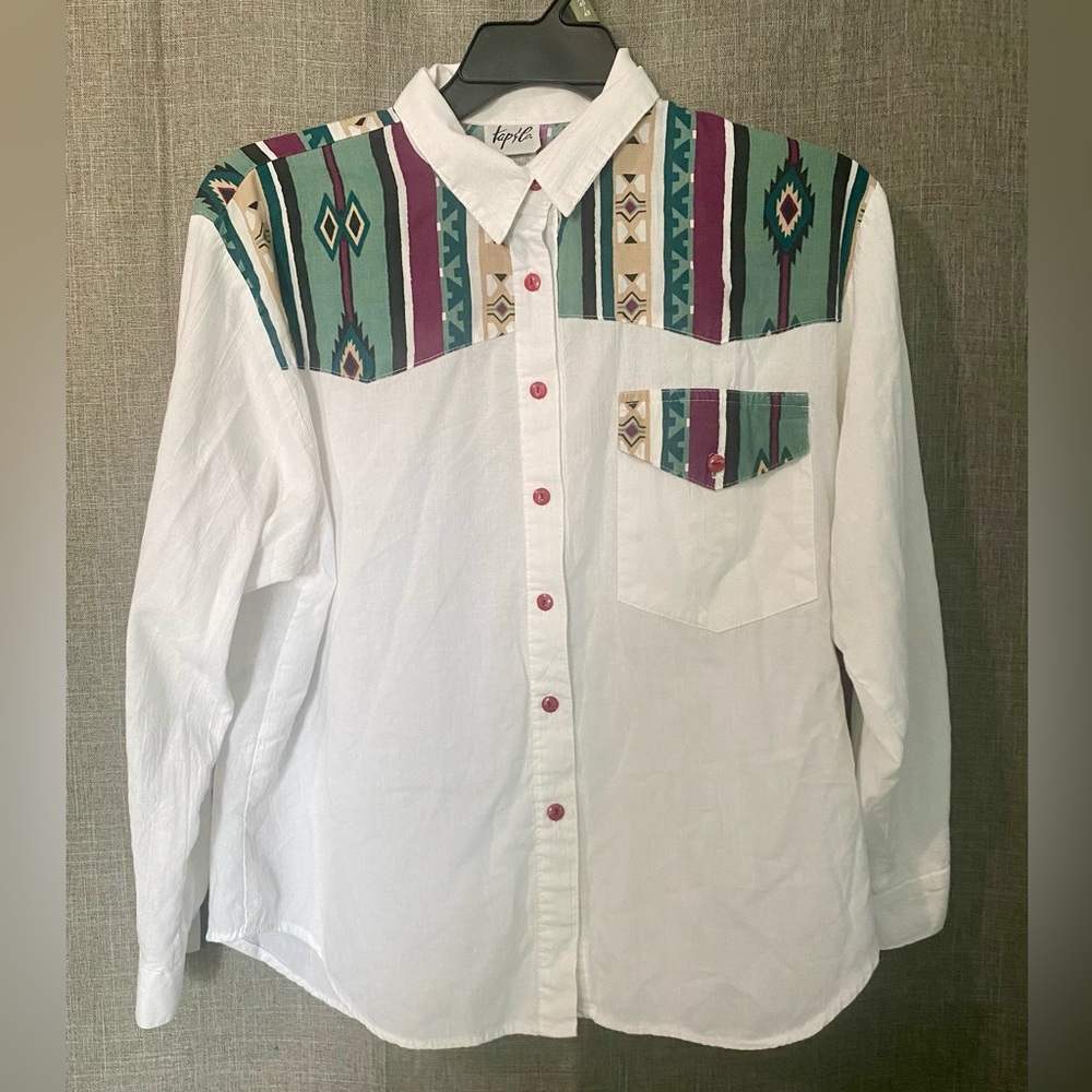 Vtg 80s Womens Aztec Southwestern Shirt Sz Med White Navajo Long Sleeve Cotton